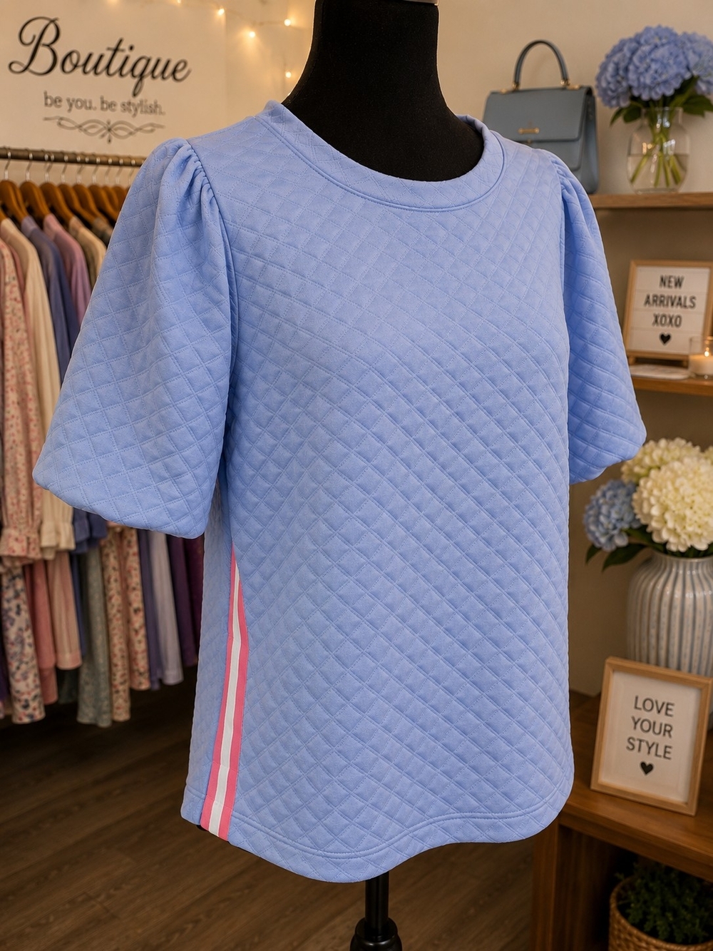 Quilted Puff-Sleeve Top in Light Blue
